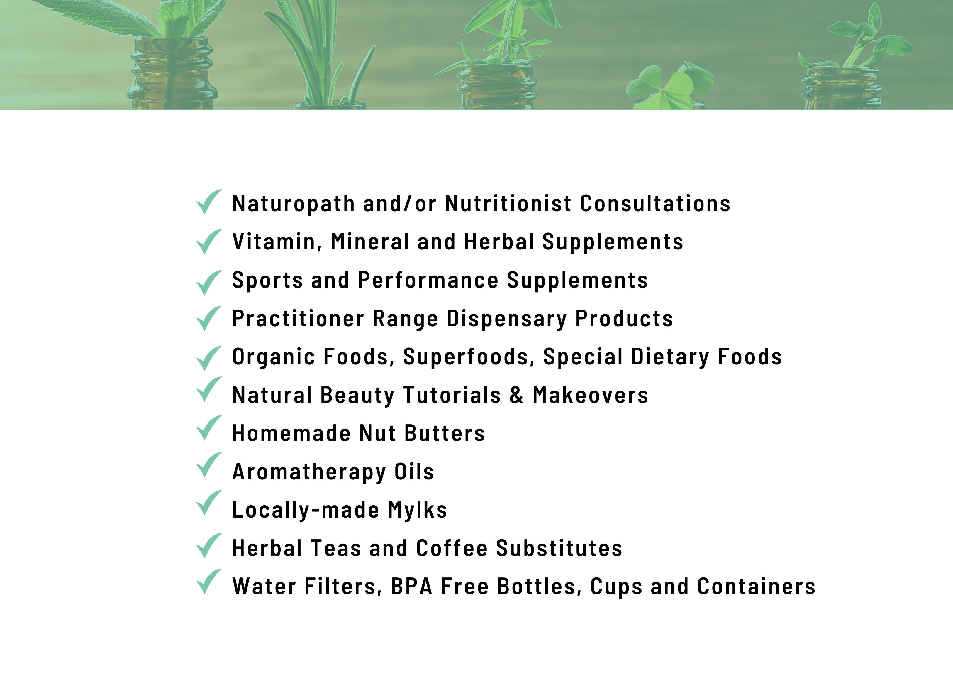 List of health and wellness products and services offered.