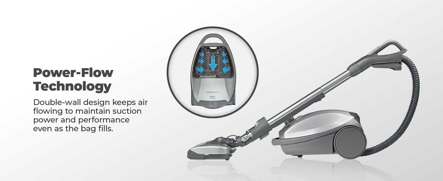 Vacuum cleaner featuring Power-Flow Technology for improved suction and performance.