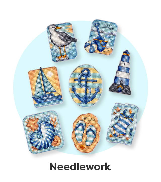 Needlework. Image: Herrschners Seaside Escape Magnets 14ct (CCS) Counted Cross-Stitch Kit.