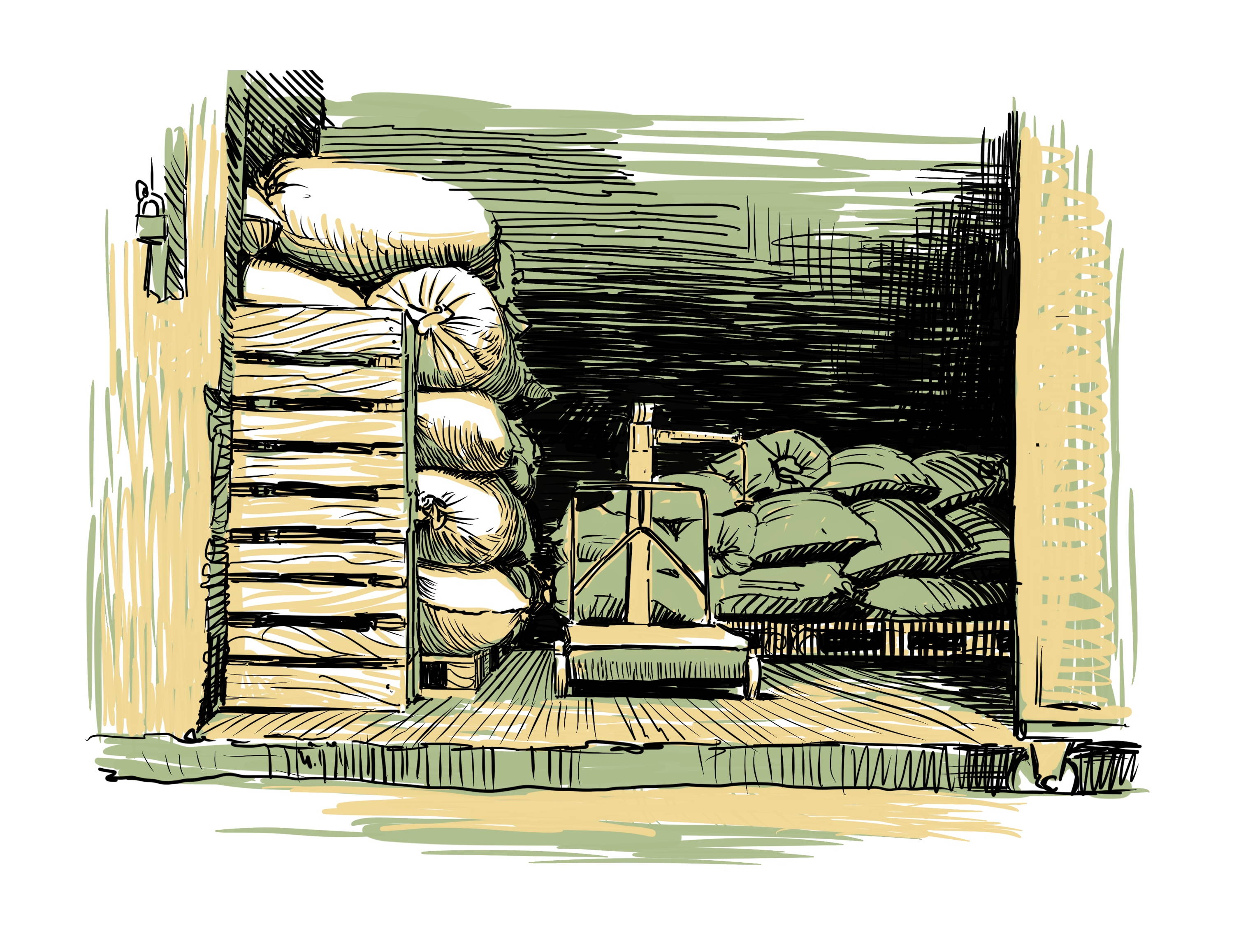 Illustration of cocoa beans in sacks to be exported