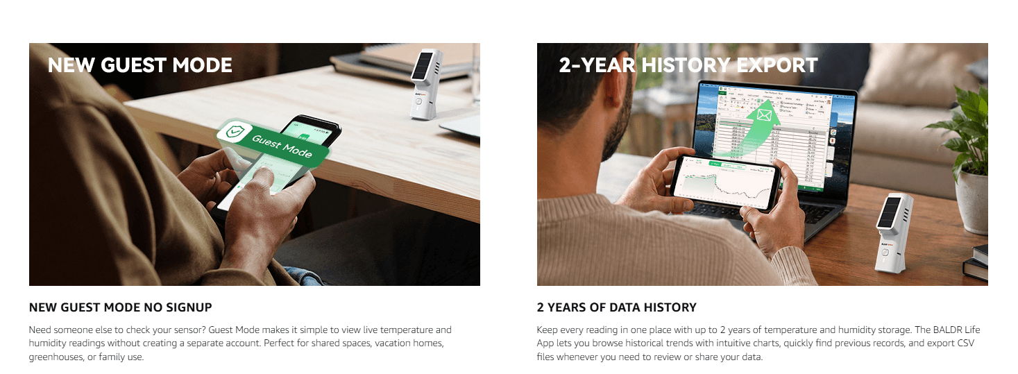Two images showing mobile app features: Quiet Mode and 5-Device Support.