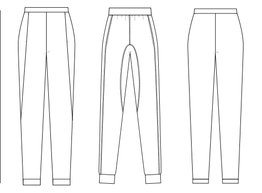 Three drawings of Miik's joggers for comparison.