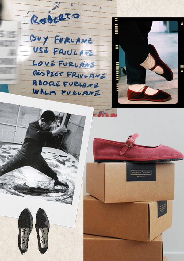 A collage of Dorgheria Crivellini mood images and velvet rosewood Mary Janes from the AW23 collection.