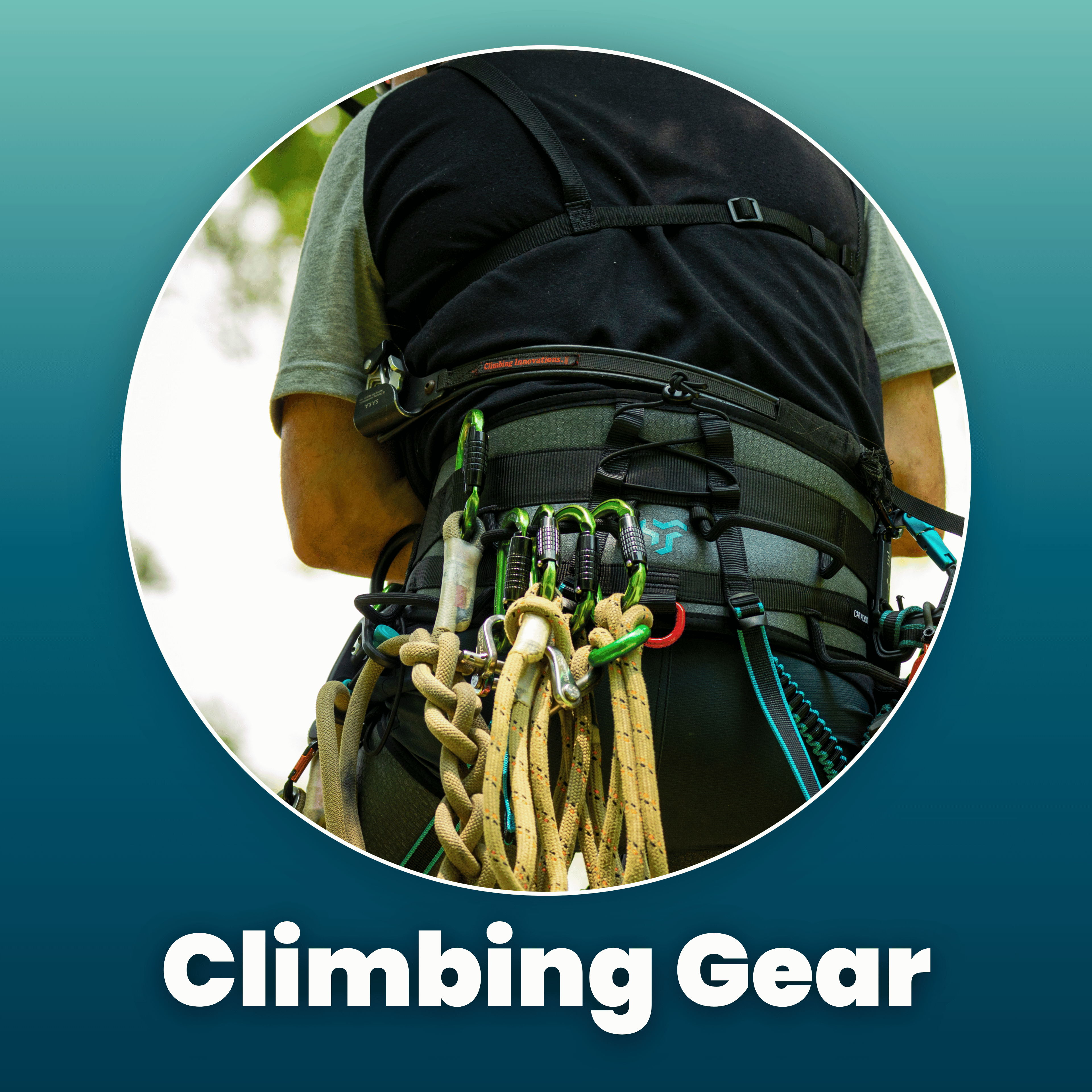 Person wearing climbing gear with ropes and carabiners attached to a harness.