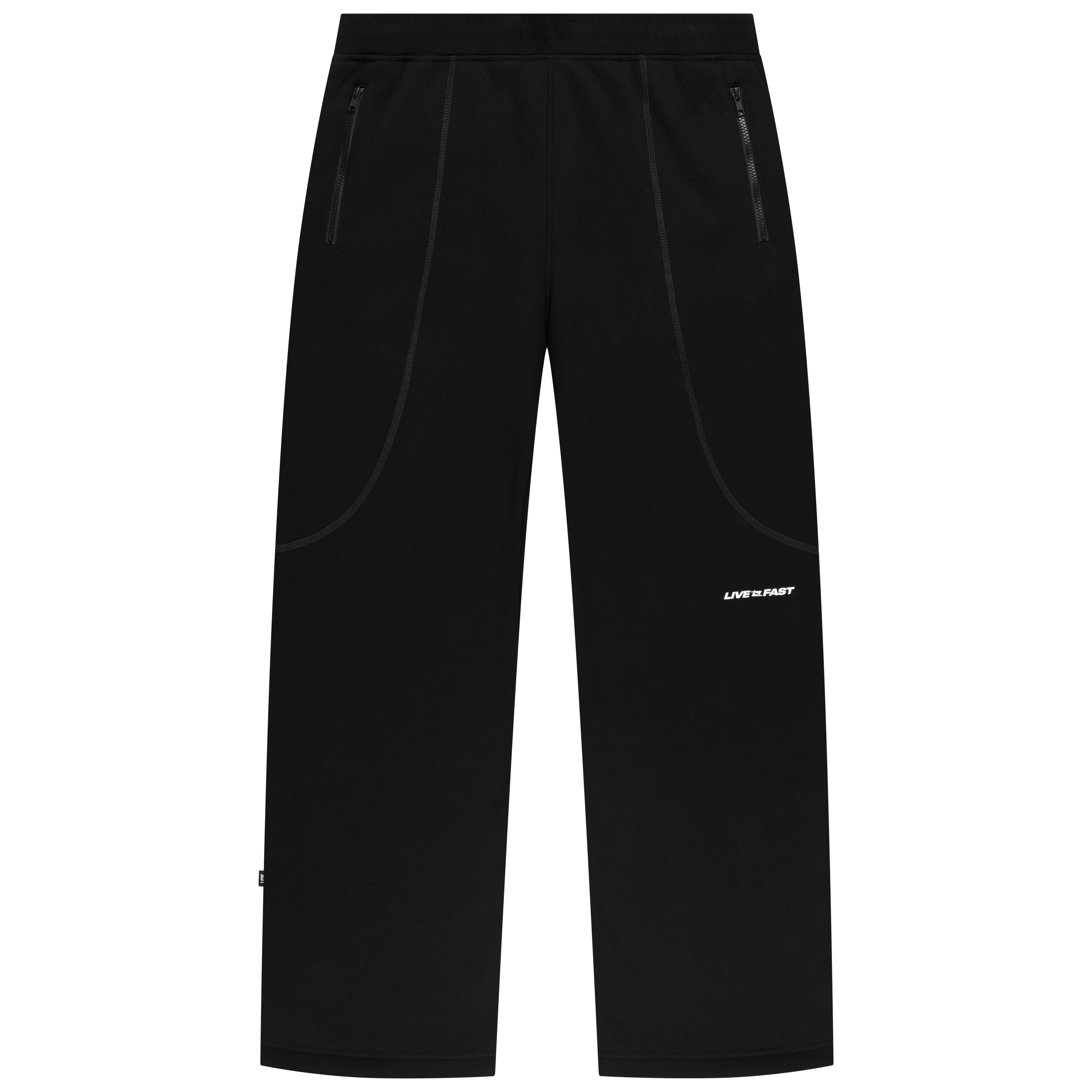 Black athletic pants with pockets and elastic waistband.