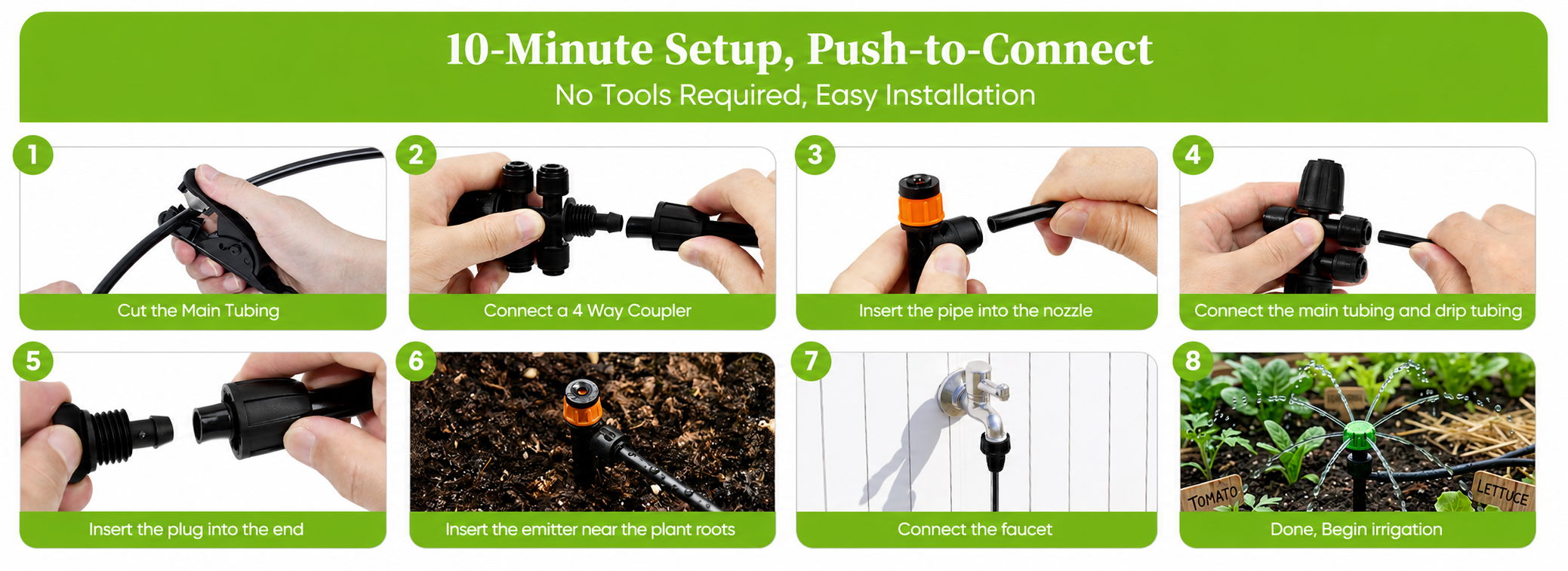 Instructions for setting up a drip irrigation system in eight steps.