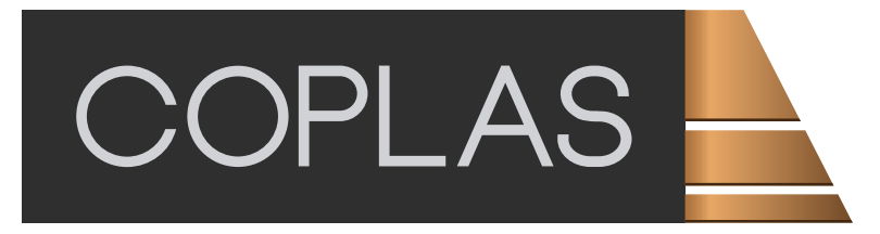Logo of COPLAS with a stylized design and gold accents.