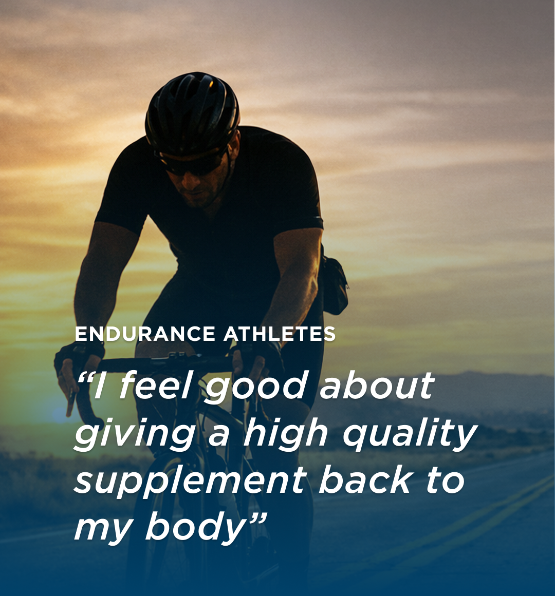 A cyclist with a quote about high-quality supplements for endurance athletes.