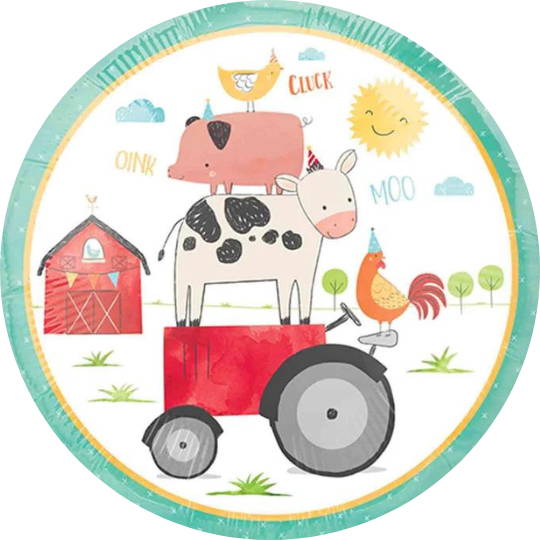 Farm yard animals printed on a childrens party plate