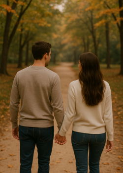 Couple walking hand in hand through an autumn park in Atlanta during golden hour.