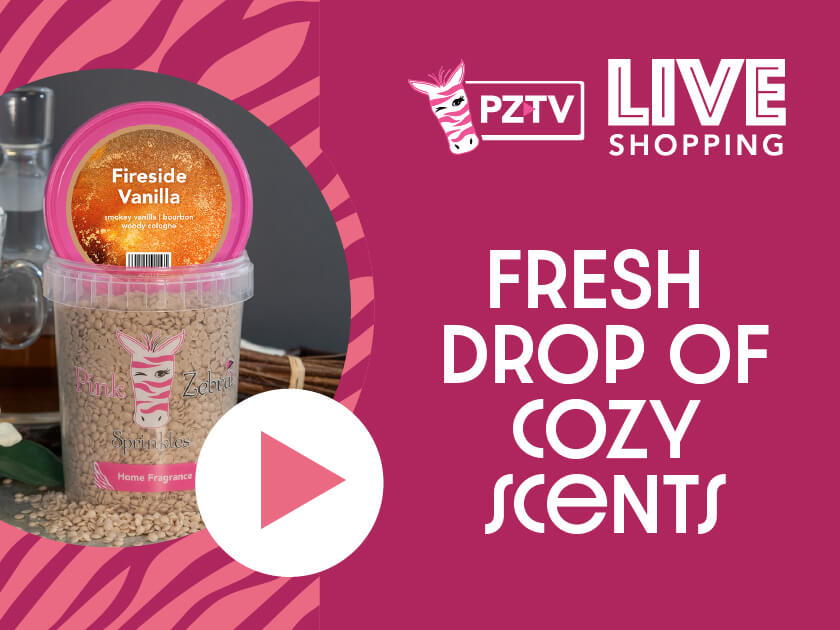Fresh drop of cozy scents with a play button for live shopping.