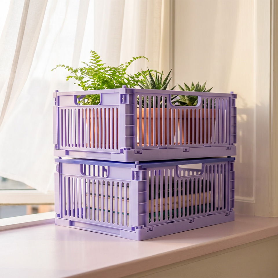 Purple crates with potted plants on a windowsill.