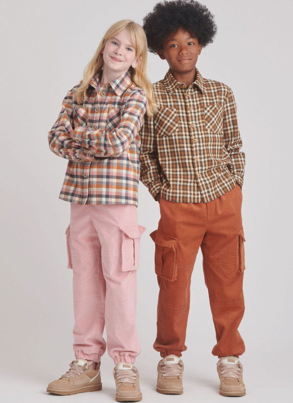 Two children posing in stylish plaid shirts and cargo pants.