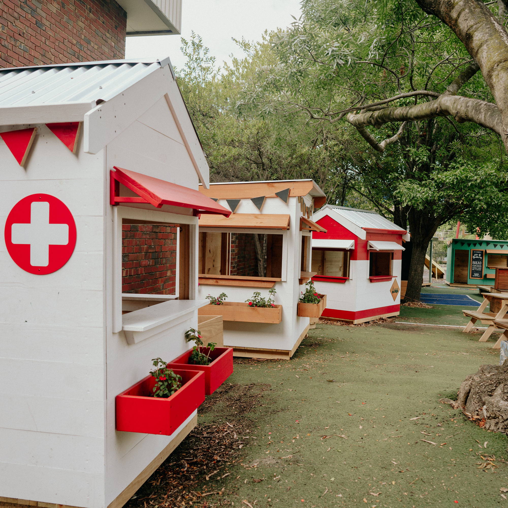 Play-based Learning space with multiple Signature Cubby Houses at St Joseph's Primary School, Cubby Houses