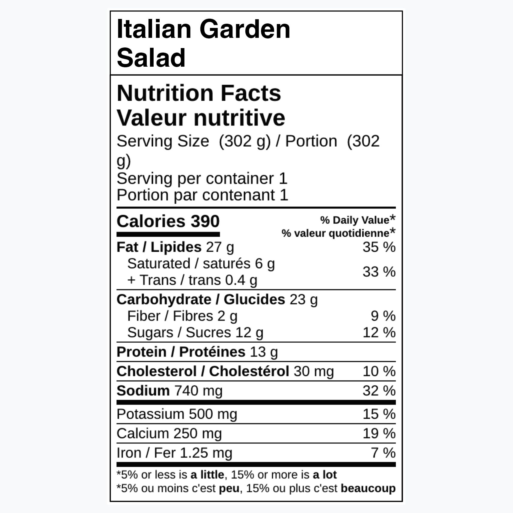 Nutrition facts label for Italian Garden Salad with serving size and nutrients listed.