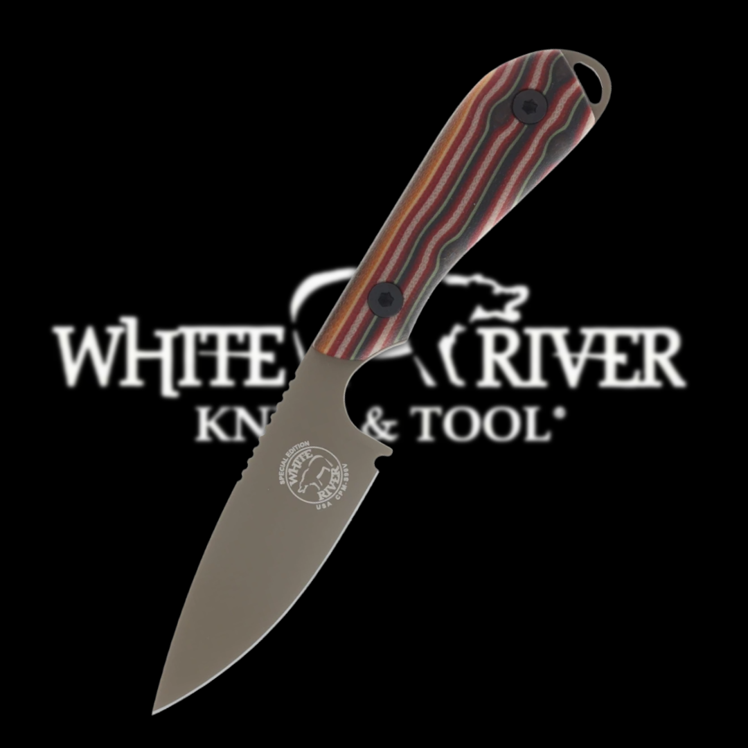 A knife with a patterned handle and logo in background.