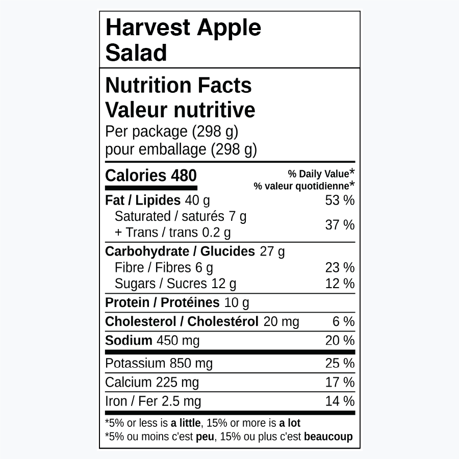 Nutrition facts for Harvest Apple Salad, including calories and nutrients.