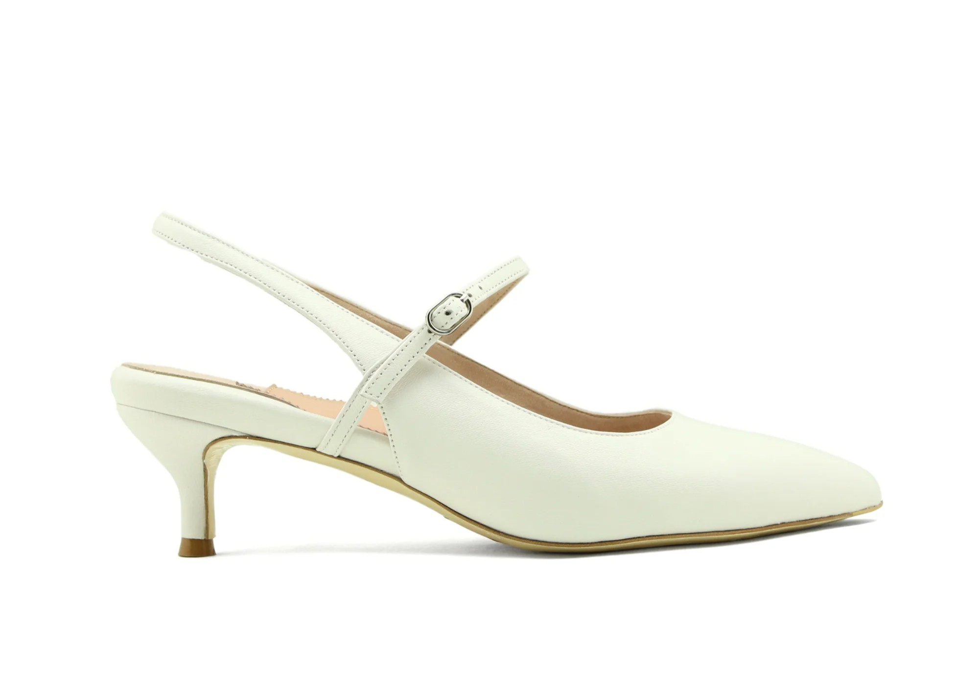 ALLY Shoes Mary Jane Slingback Kitten Heel in White Leather.