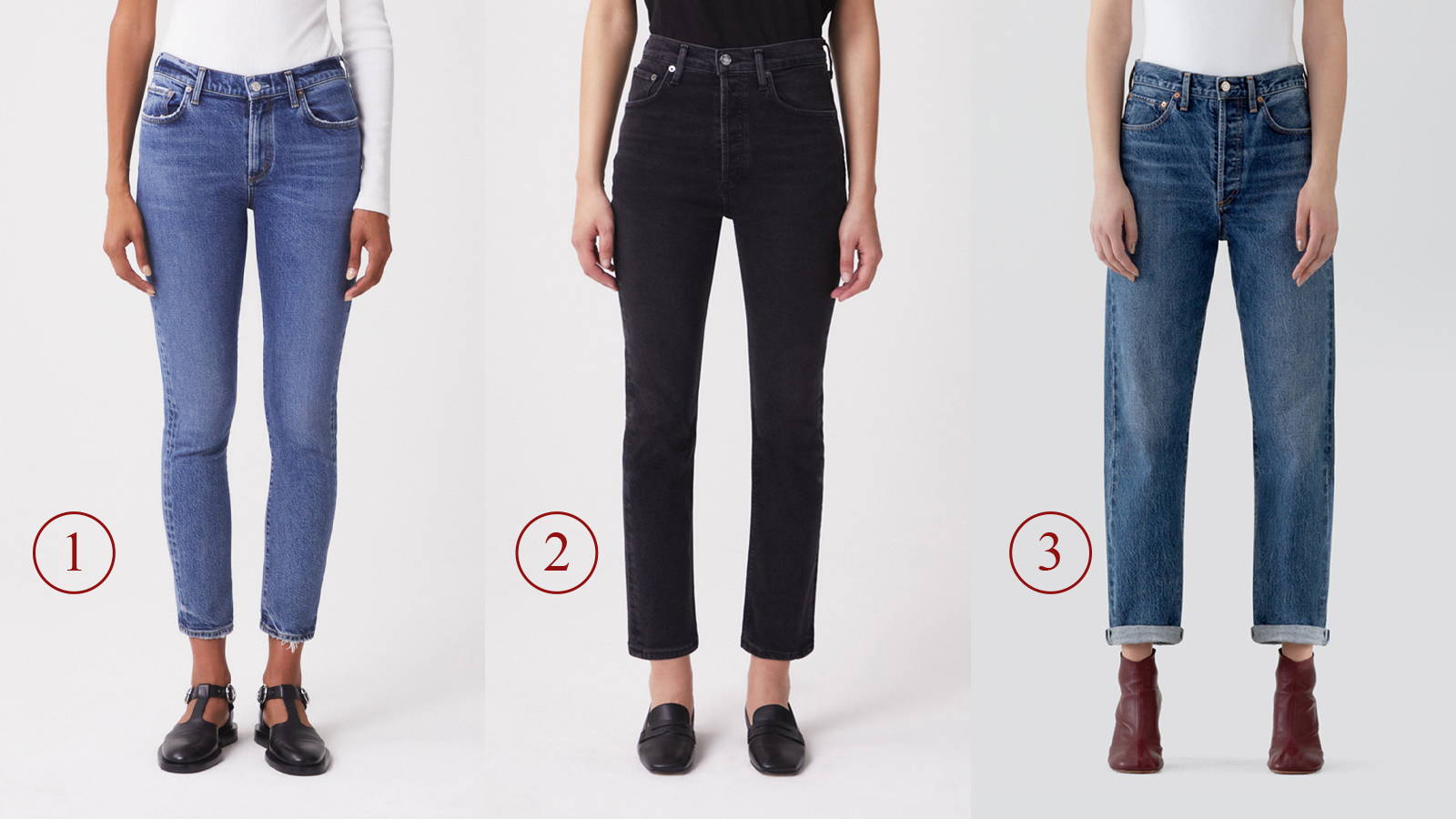 Three Agolde look book images showcasing the different styles of jeans.