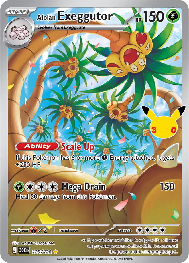The Alolan Exeggutor Illustration Rare card from the Pokémon TCG's 30th Celebration set.