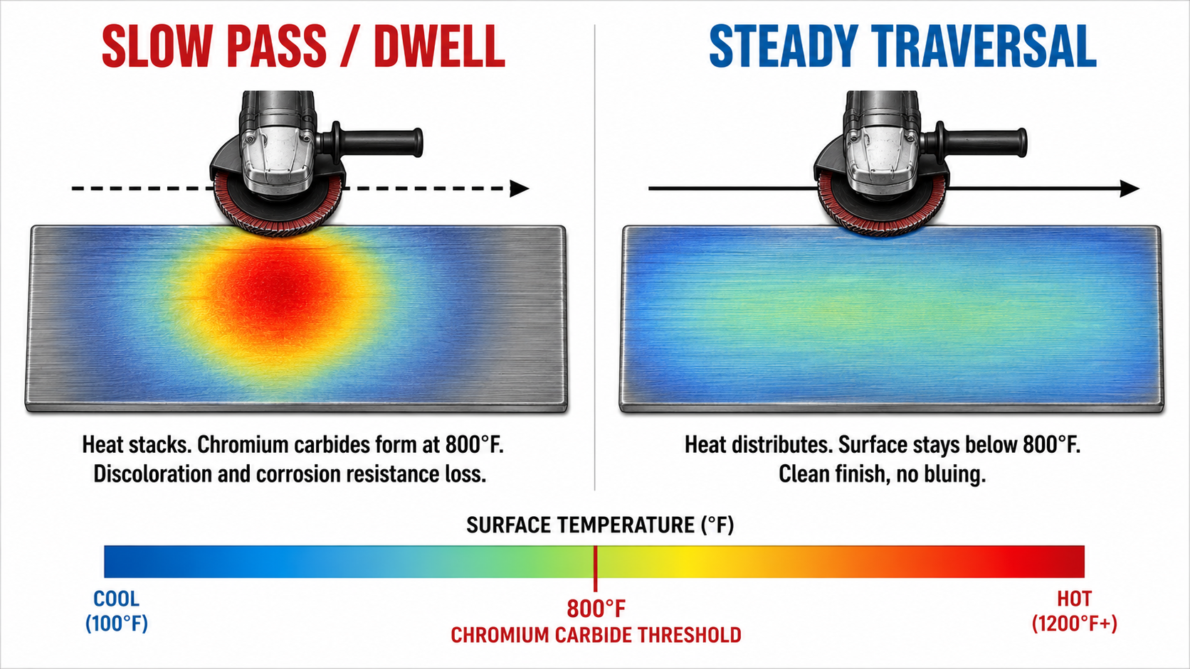 Heat map infographic comparing slow dwell and steady traversal while grinding stainless steel