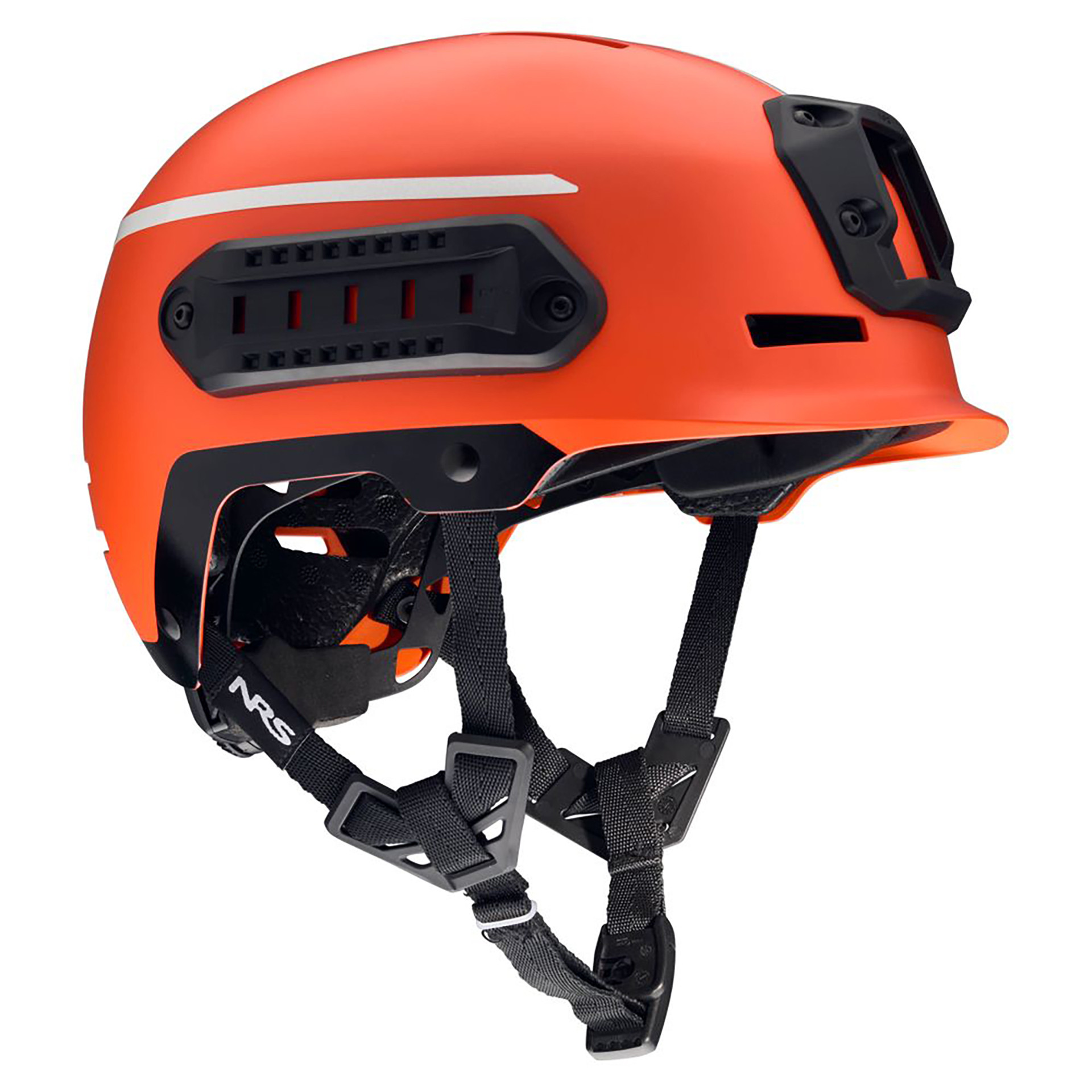 Orange safety helmet with adjustable straps and ventilation features.