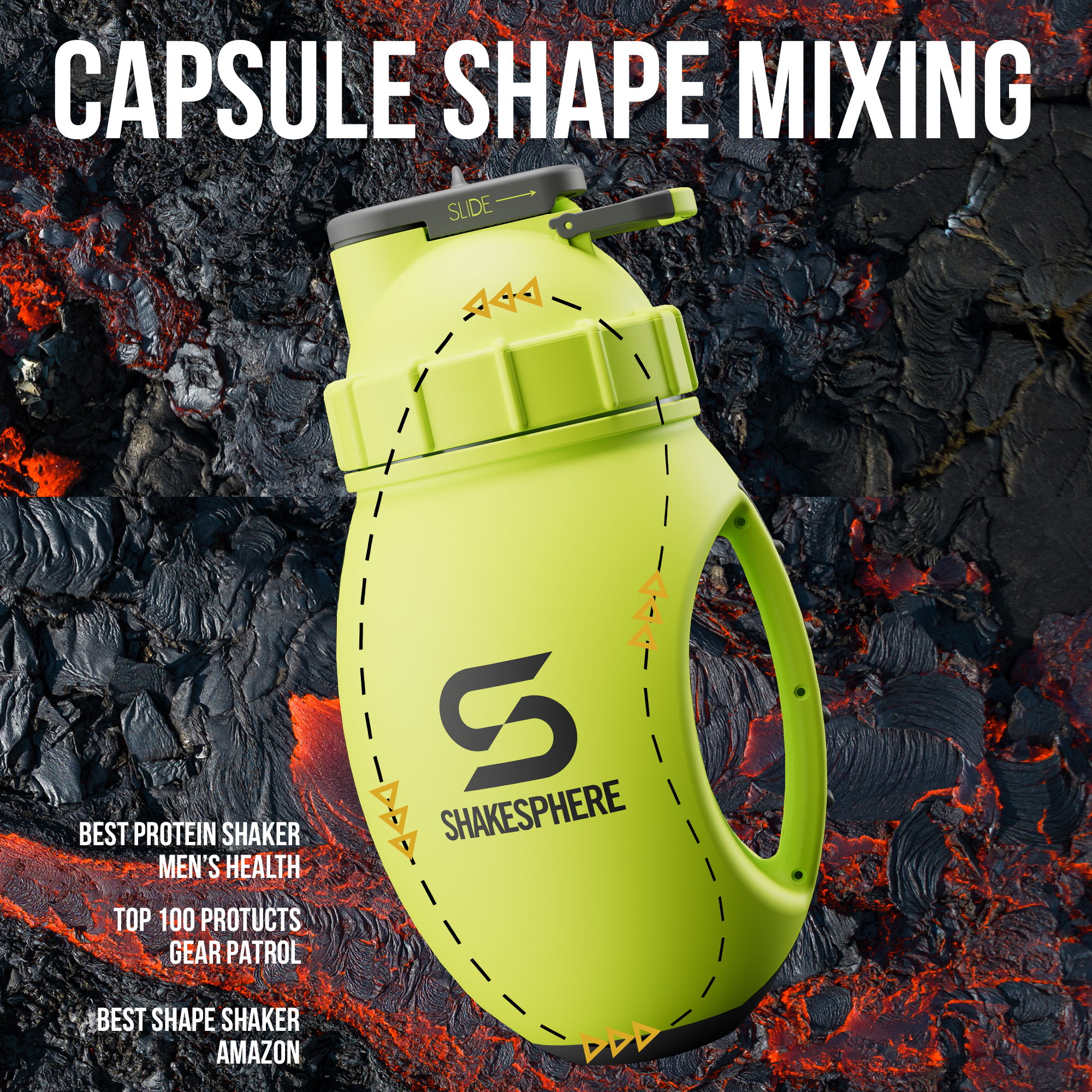 Green capsule mixer with text about mixing and product benefits.