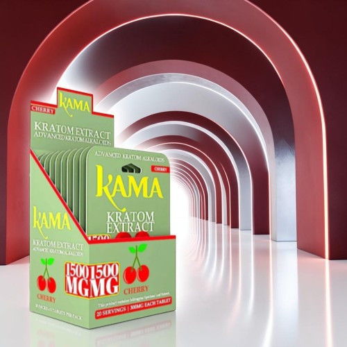 Kama kratom product display in a modern, archway background.