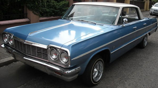 Front three-quarter view of Adam's blue 1964 Chevrolet Impala, install photo 1