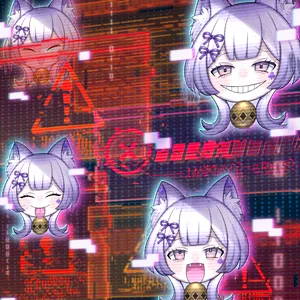 Digital cat-girl faces with glitch effects and warnings