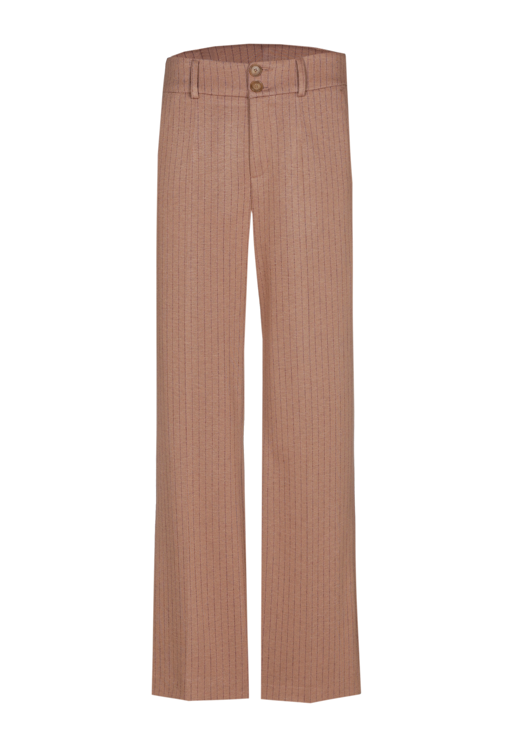Brown wide-leg trousers with a button closure.