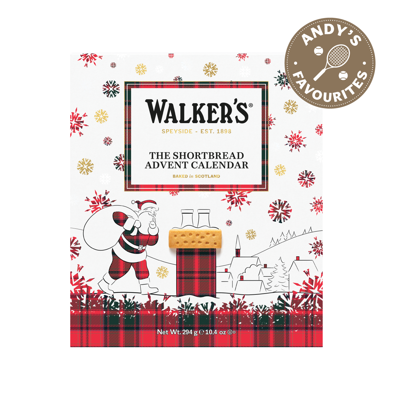 Walker's Shortbread Advent Calendar with festive design and Santa illustration.