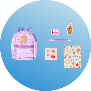 Purple backpack with school supplies and colorful stickers on a gradient background.