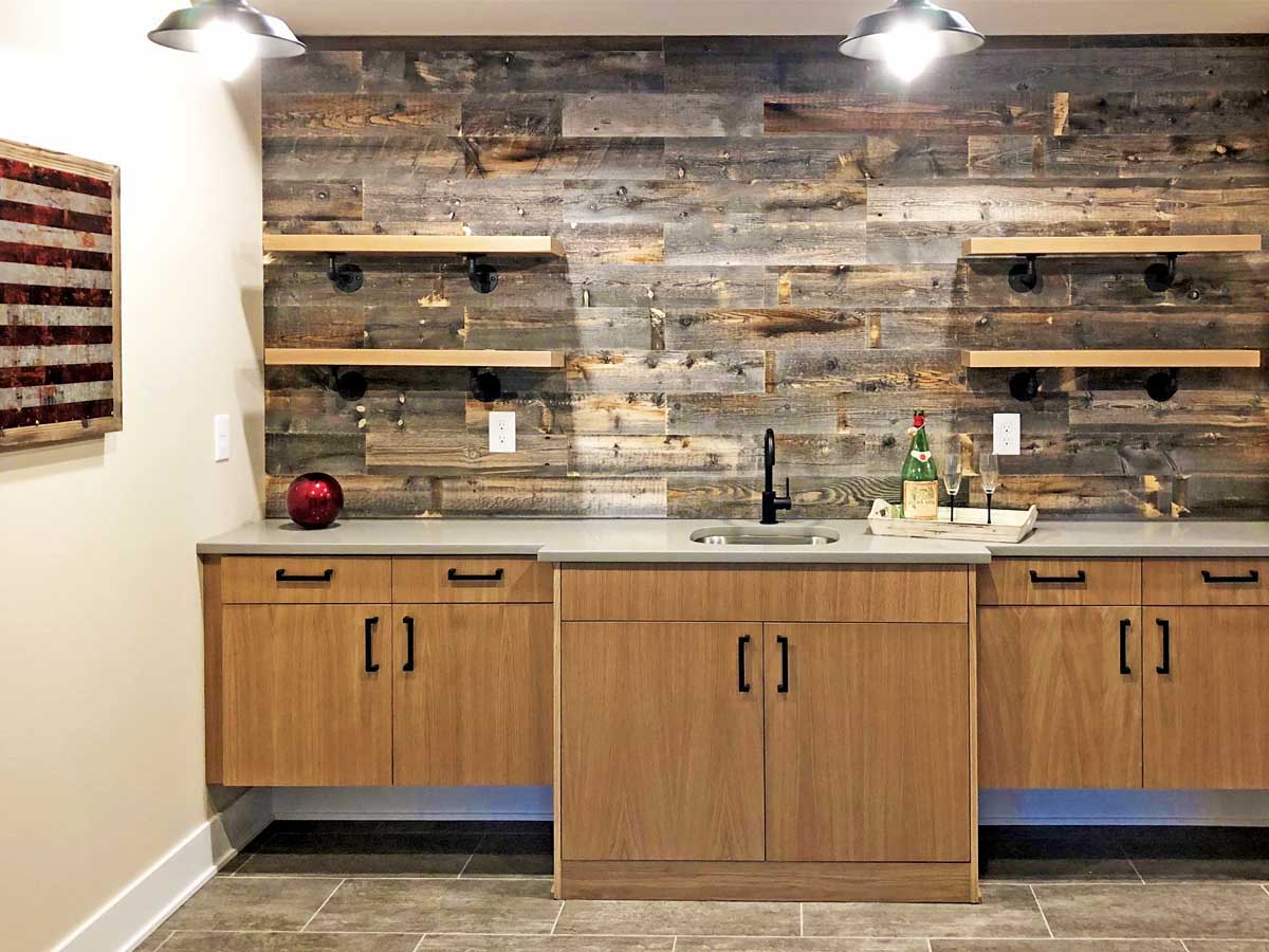 wood plank walls break room