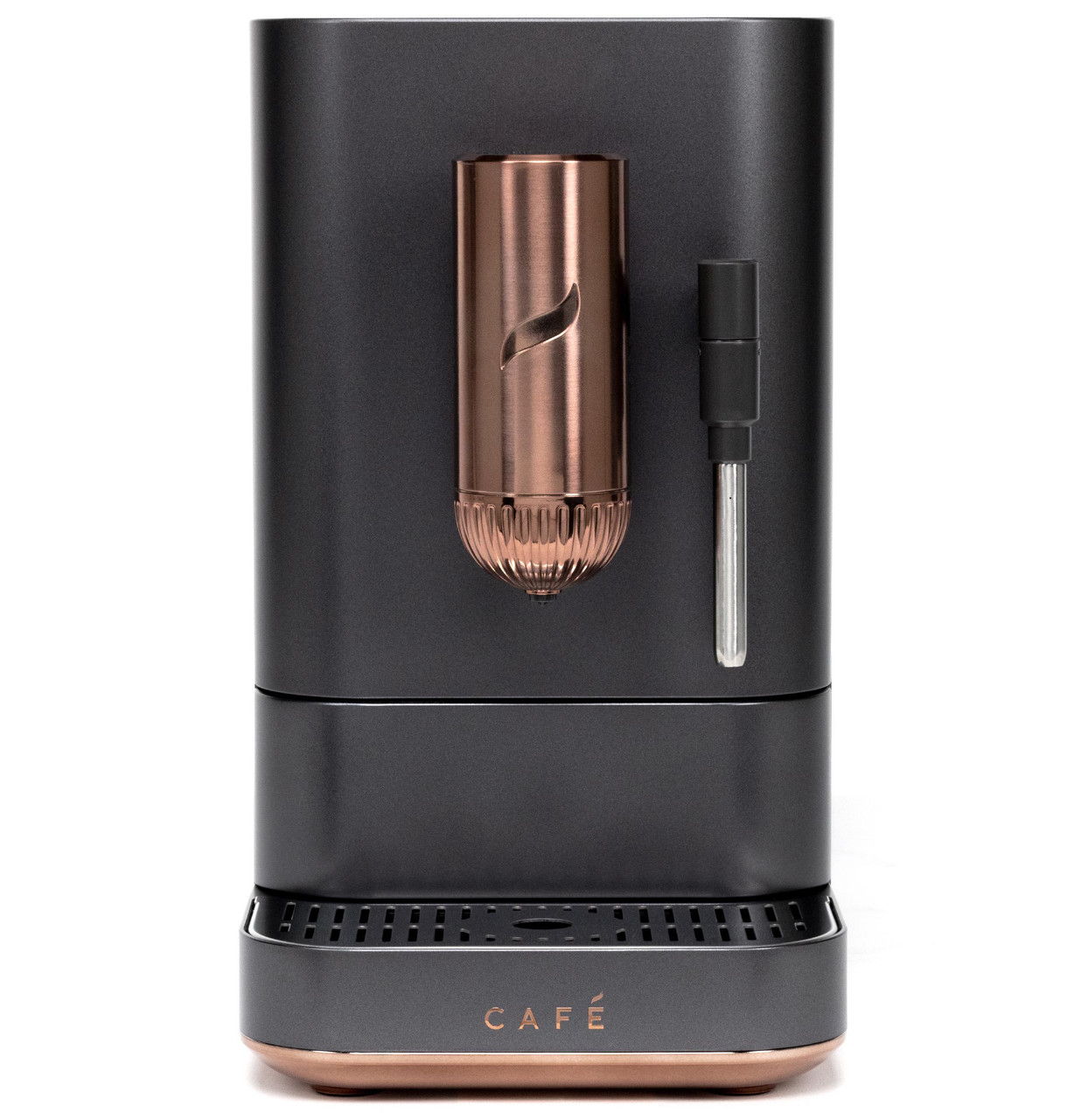 Matte Black Affetto Automatic Espresso with copper accents and a steam wand.