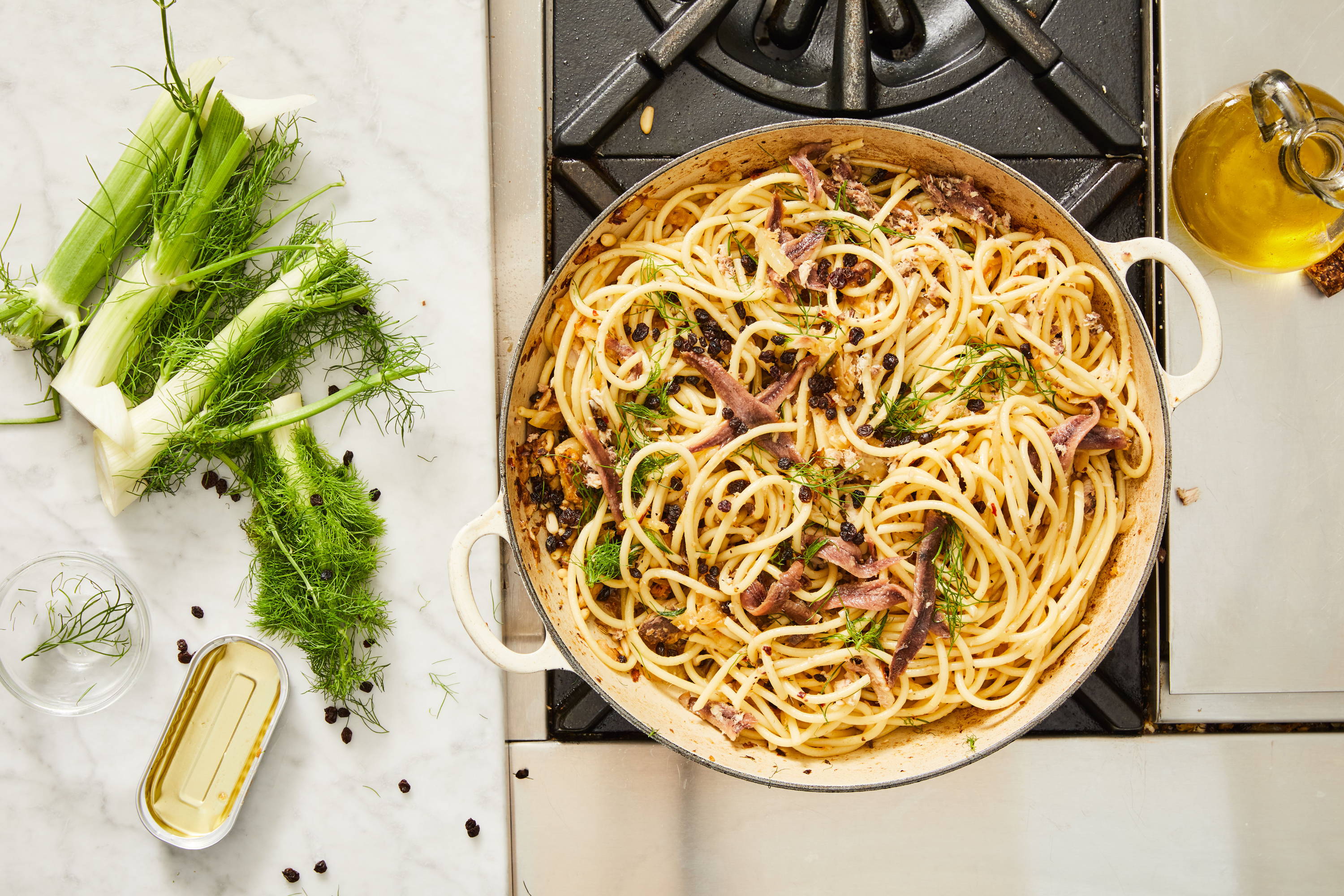 Finished dish topped with fennel fronds.