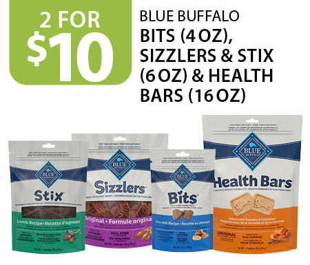 2 for $10 BLUE Buffalo Bits (4 oz), Sizzlers & Stix (6 oz) & Health Bars (16 oz)