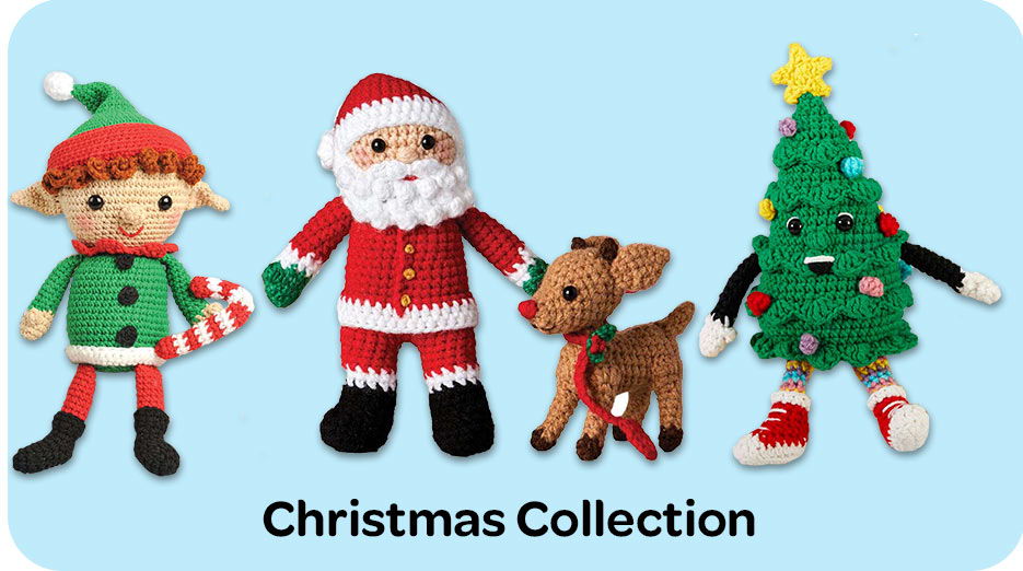 Four festive amigurumi toys: elf, Santa, reindeer, and Christmas tree. Christmas Collection.