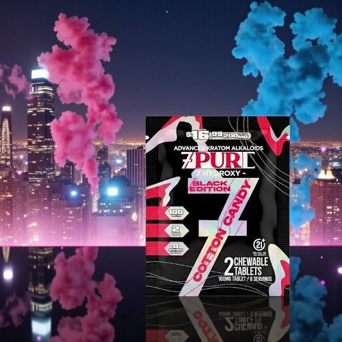 A packet of cotton candy-flavored tablets against a city skyline backdrop.