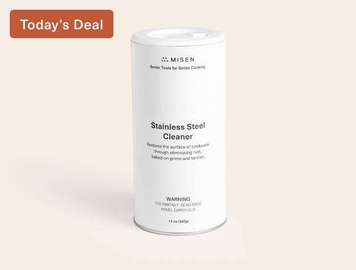 A white 12-ounce Misen Stainless Steel Cleaner container seen from the front, with black lettering and Misen logo.
