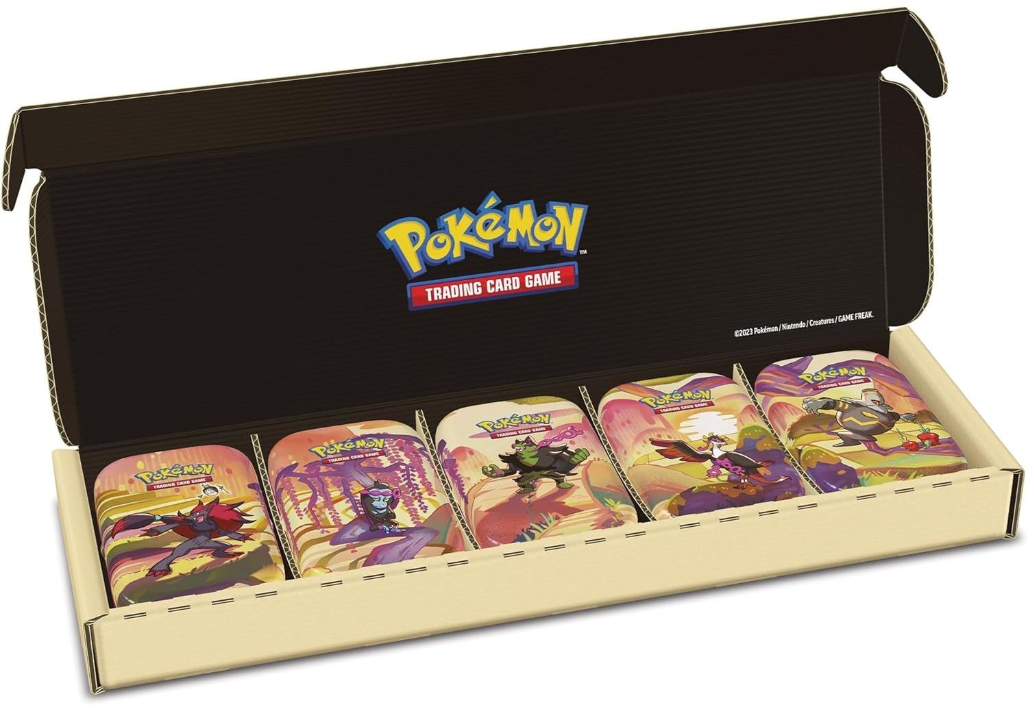 A shrouded fable mini tin bundle featuring art of several Pokémon at sun set.