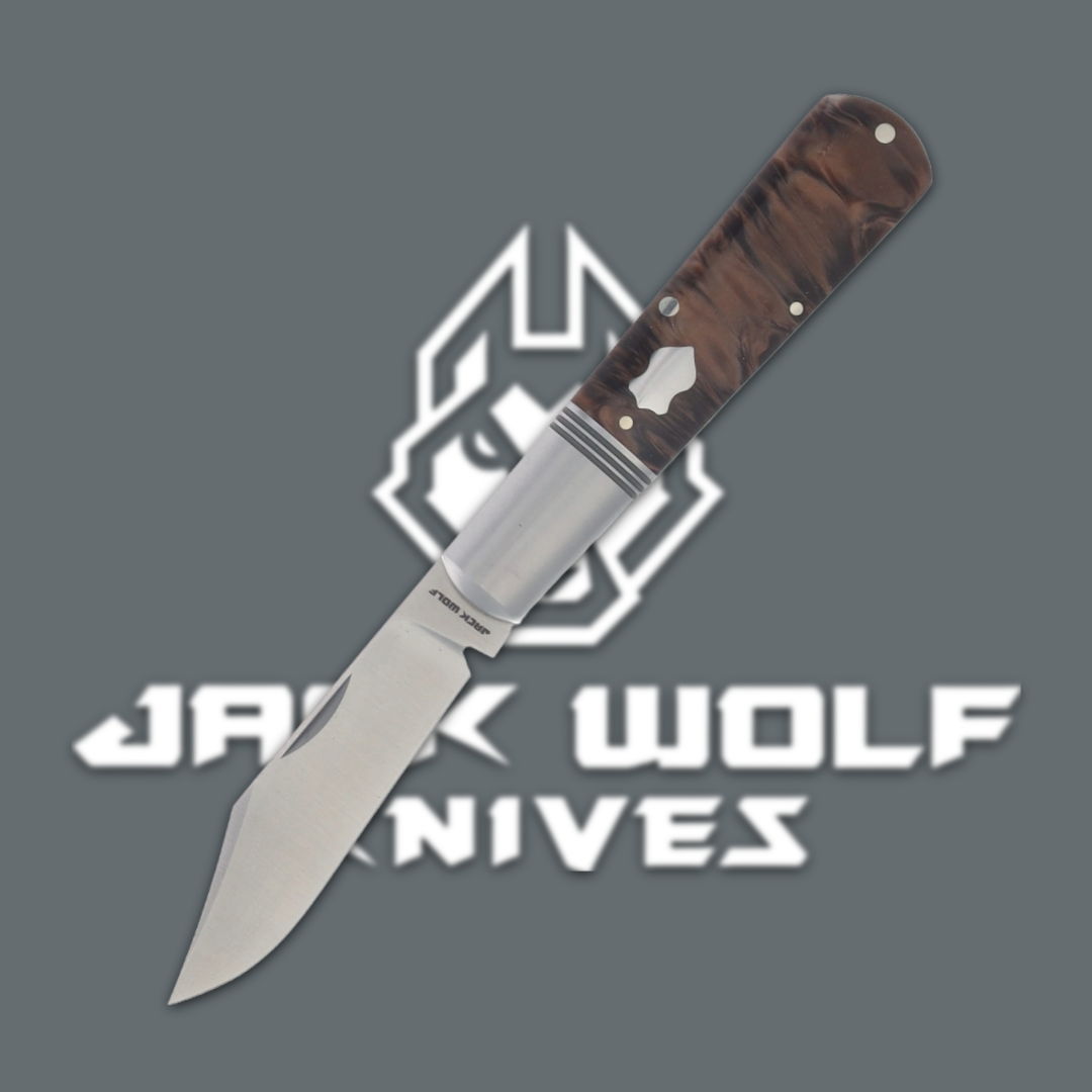 A knife with a brown handle against a gray background and logo.