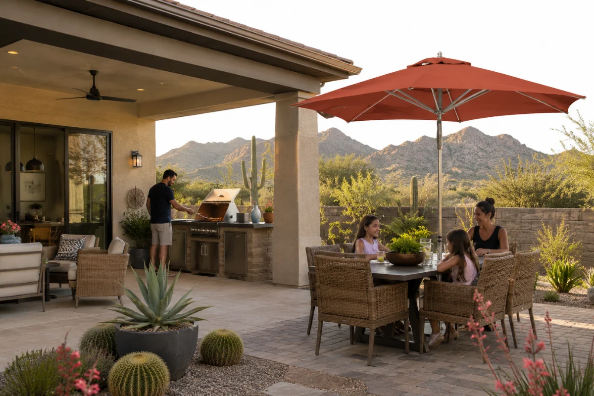 Layered shade strategy in an Arizona backyard featuring a covered patio, outdoor kitchen, dining area, and red market umbrella overlooking desert mountain scenery.