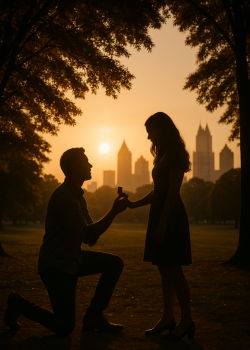 Silhouette of a man proposing to his partner at sunset in an Atlanta park.