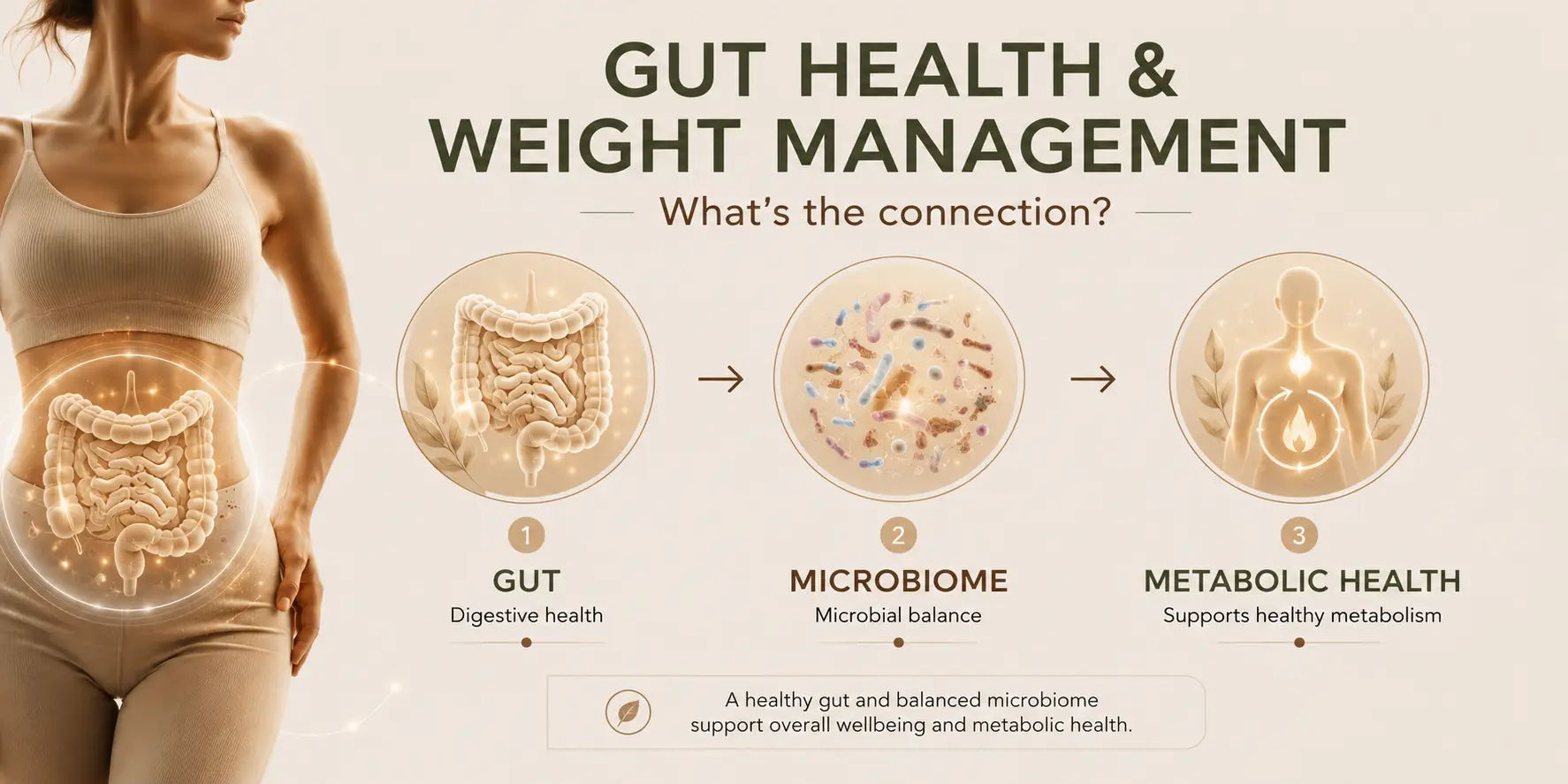 Gut health and weight management infographic with illustrations and connections.