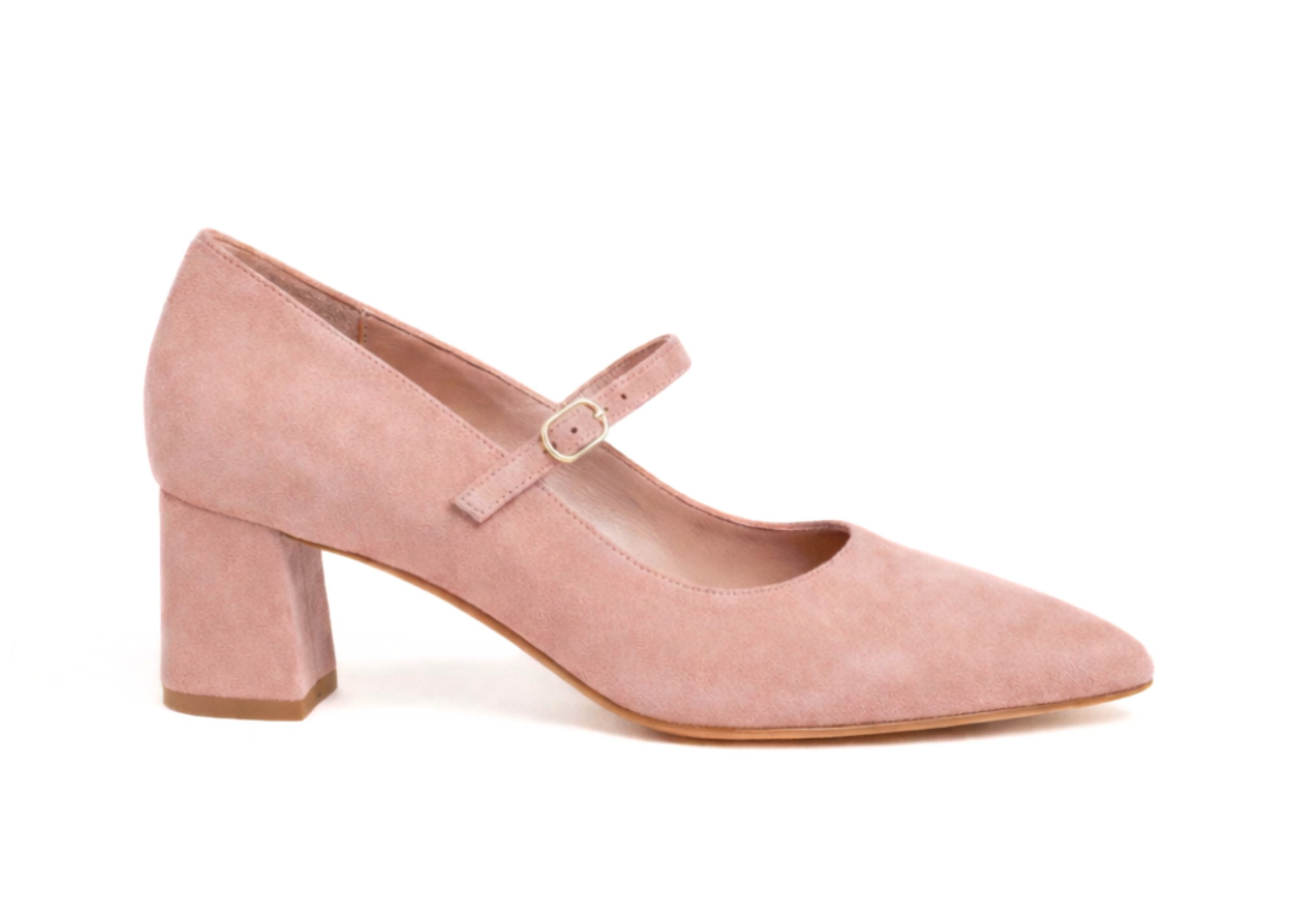 Pink suede Mary Jane heels with a block heel.