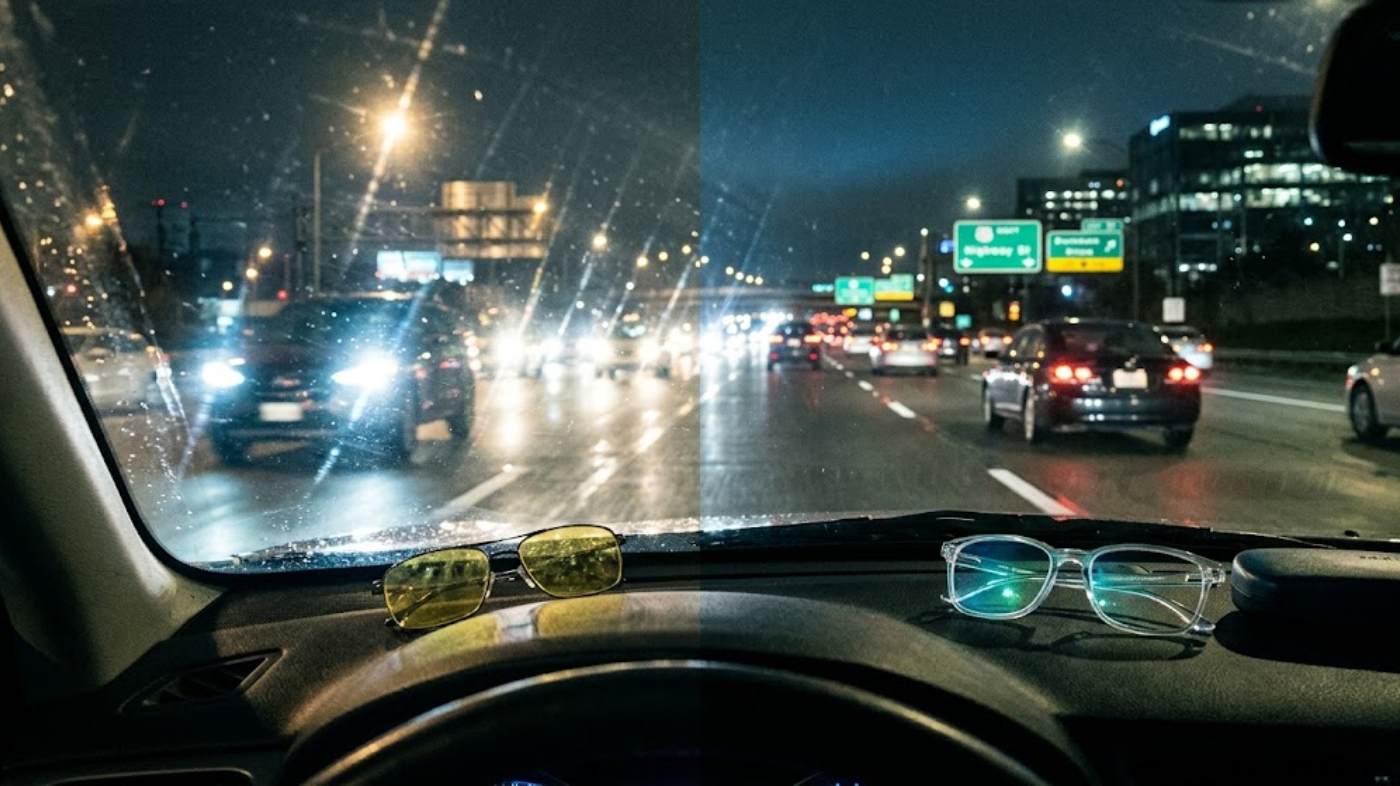 Comparison of nighttime road driving view through yellow tinted lenses versus clear lenses with anti-reflective or anti-glare coating, showing differences in headlight glare reduction, contrast, and overall visibility while driving at night
