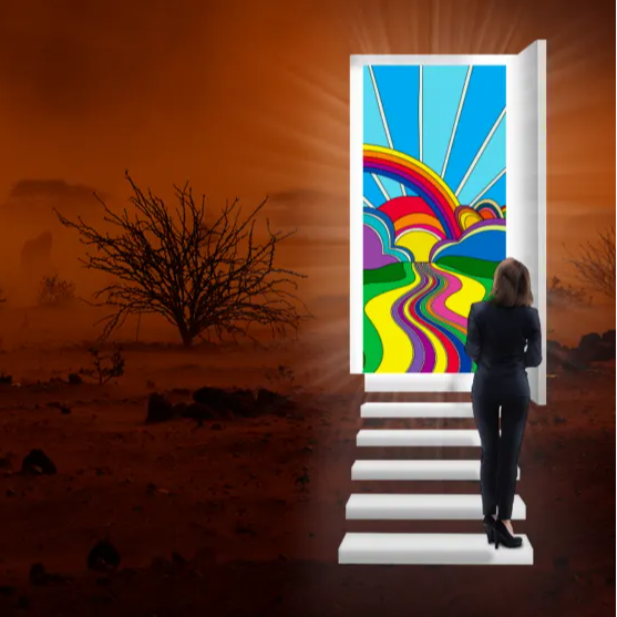 woman walking through a door with abstract background