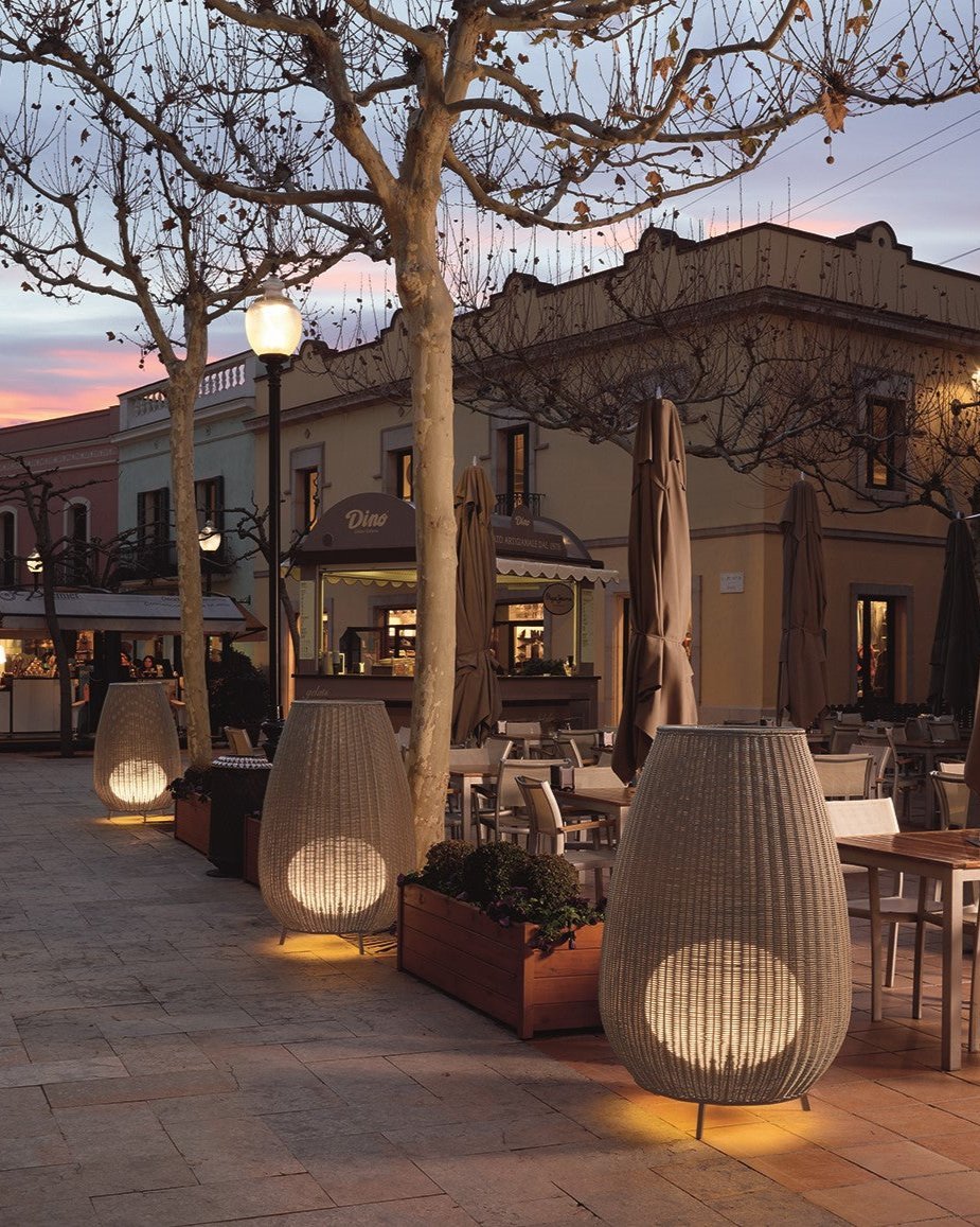Exterior Wicker Floor Lamp outside a Mediterranean style restaurant