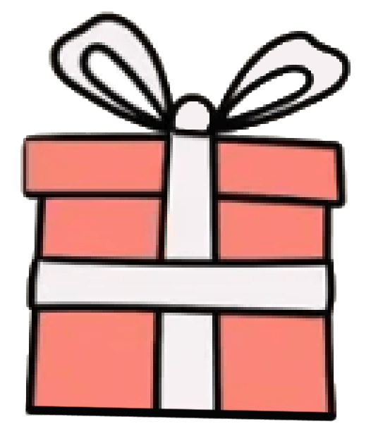A pink gift box with a white ribbon and bow.